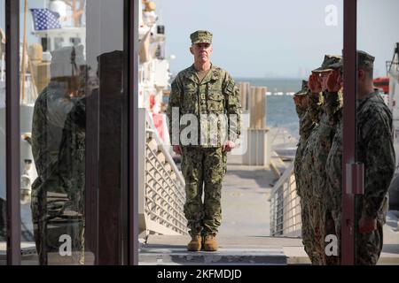 220926-A-EQ028-1067 MANAMA, Bahrain (Sept. 26, 2022) Vice Adm. Kevin E. Lunday, commander of Coast Guard Atlantic Area, arrives at the decommissioning ceremony for USCGC Baranof (WPB 1318) in Manama, Bahrain, Sept. 26, 2022. Baranof decommissioned after 34 years of service.