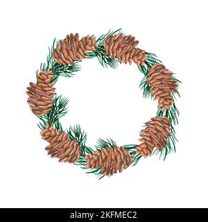 wreath of green spruce branches and cones on isolated white background, hand drawn. Perfect for card design, invitation, scrapbooking, fabric printing Stock Photo