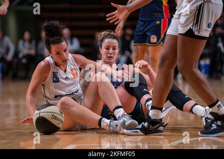 Adelaide, South Australia, November 19th 2022: Vanessa Panousis (9 Sydney Flames) and Marena Whittle (21 Adelaide Lightning) fight for the ball during the Cygnett WNBL game between Adelaide Lightning and Sydney Flames at Adelaide 36ers Arena in Adelaide, Australia.  (Noe Llamas/SPP) Stock Photo