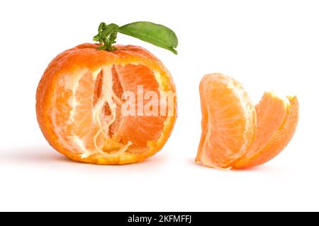 the opened tangerine with leaf isolated Stock Photo