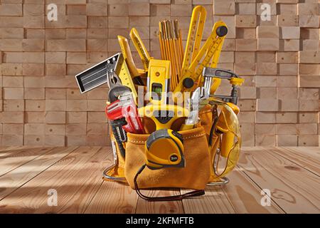 Big Set Of Carpenter Working Tools In Leather Toolbelt On Background of Wooden Beams Stack Stock Photo