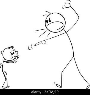 Man or Father Yelling at Small Child or Boy, Vector Cartoon Stick Figure Illustration Stock Vector