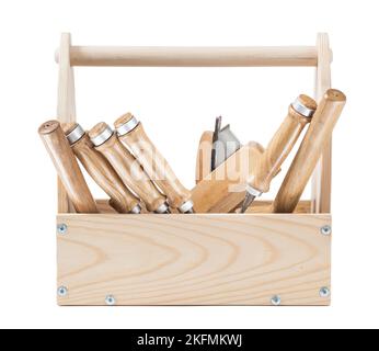 woodworking tools in wooden toolbox isolated on white Stock Photo