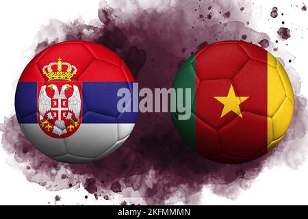 World Cup in Qatar, Flags of Serbia and Cameroon are depicted on soccer balls. Stock Photo