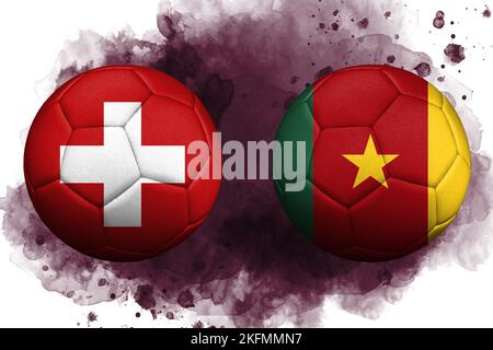 World Cup in Qatar, Flags of Switzerland and Cameroon are depicted on soccer balls. Stock Photo