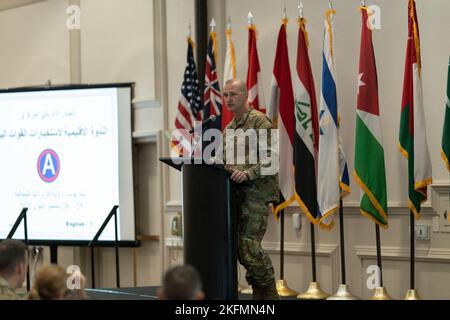 U.S. Army Central's Deputy Commanding General, Maj. Gen. Wendul Hagler, delivers opening remarks during the Reginal Land Forces Intelligence Symposium in Charlotte, N.C., Sept. 26, 2022. Hagler emphasized the importance of People, Partnership, Readiness, and innovation during his speech. Stock Photo