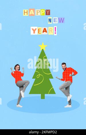 Vertical creative photo collage of funny couple girl guy dancing celebrating wish happy new year isolated on blue color background Stock Photo