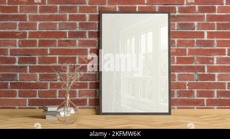 Vertical poster frame mock up on the floor in living room with wooden floor and red brick wall Stock Photo