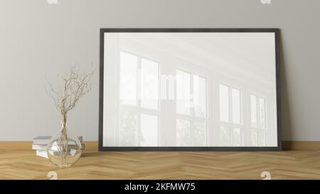 Horizontal poster frame mock up on the floor in living room with wooden floor and white wall Stock Photo