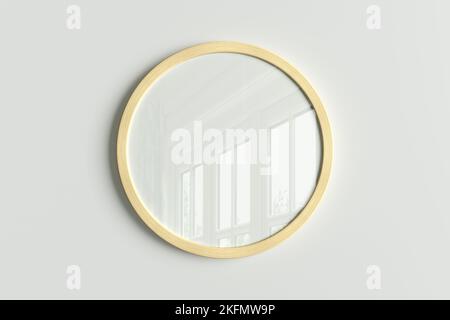 Wooden round frame poster mock up on the white wall. Front view Stock Photo
