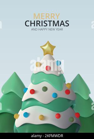 Realistic modern snow covered Christmas tree with decorations and a star. Poster, postcard for events celebrating New Year and Christmas. Vector Stock Vector