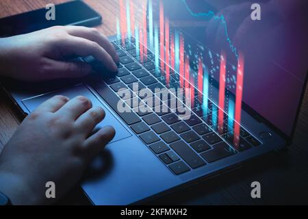 Woman analyzing digital growth graph chart. Finance and data analytics concept. Business strategy. Stock Photo