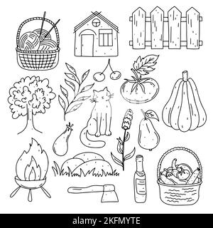 Country life set in hand drawn doodle style. Life in the village collection elements Stock Vector