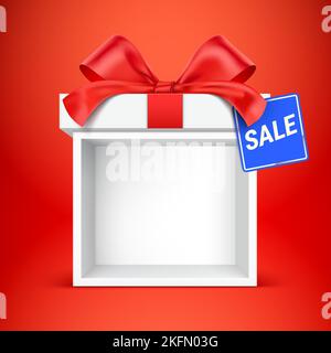 Empty gift box kiosk for product placement, with blue sale tag. White present box on the red background, with clear space for gift placement. Promo giftbox display stand, vector illustration. Stock Vector