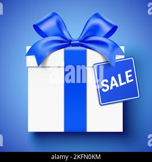 White gift box wrapped with blue ribbon, and SALE sticker. Discount giftbox realistic vector design. Stock Vector