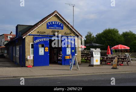 Aidensfield Garage at Goathland, North Yorkshire, as featured in the Yorkshire TV series Heartbeat as Scripps Garage. Now a popular tourist attraction. Stock Photo