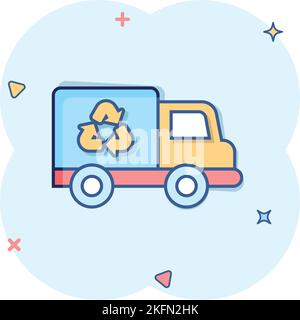 Garbage truck icon in comic style. Recycle cartoon vector illustration on white isolated background. Trash car splash effect sign business concept. Stock Vector