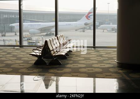 BEIJING, CHINA - NOVEMBER 19, 2022 - An interior view of Beijing Daxing International Airport in Beijing, China, Nov 19, 2022. In light of the changin Stock Photo