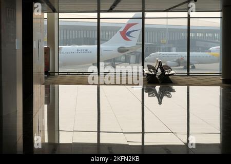 BEIJING, CHINA - NOVEMBER 19, 2022 - An interior view of Beijing Daxing International Airport in Beijing, China, Nov 19, 2022. In light of the changin Stock Photo