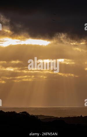 Dramatic sky as the sun sets over the south coast of Sussex and Hampshire, southern England, UK. Stock Photo