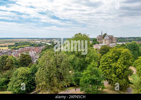 Looking south over the historic town of Arundel in West Sussex, southern England, UK. Stock Photo