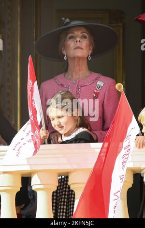 Princess Caroline of Hanover, Pierre Casiraghi, Francesco Casiraghi, Stefano Casiraghi, Beatrice Borromeo are attending the parade at the palace balcony during the celebration for the National Day on November 19, 2022 in Monaco Ville, Principality of Monaco. Photo by Marco Piovanotto/IPA - NO TABLOIDS Stock Photo