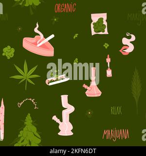 Hand drawn vector abstract graphic clipart illustration of Medical Marijuana,smoking accessories.Hemp and joint for smoking.Cannabis and weed Stock Vector