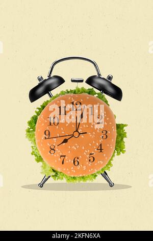 Vertical creative collage illustration photo of clock alarm hamburger burger fast food diet calories isolated on white color background Stock Photo