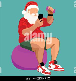 Winter End of Season Sale Background Design. Minimal flat concept of a smiling Santa Claus sitting on an exercise ball and holding a small dumbbell in one hand and a smartphone in the other Stock Vector