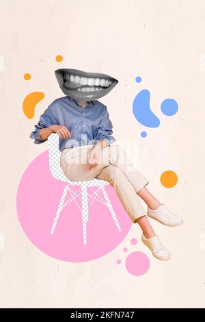 Vertical creative collage image of positive young businesswoman manager marketer worker sitting chair smiling mouth instead head lick teeth Stock Photo