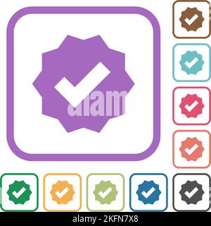 Verified sticker solid simple icons in color rounded square frames on white background Stock Vector