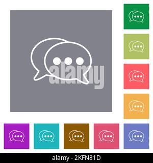 Two oval active chat bubbles outline flat icons on simple color square backgrounds Stock Vector