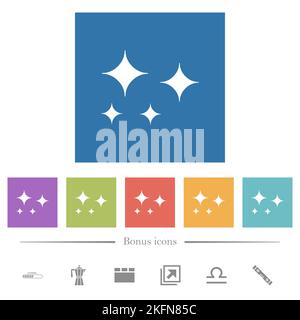 Glare stars solid flat white icons in square backgrounds. 6 bonus icons included. Stock Vector