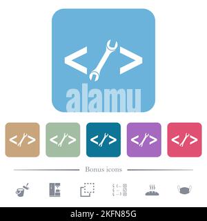 Web development with wrench white flat icons on color rounded square backgrounds. 6 bonus icons included Stock Vector