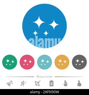 Glare stars solid flat white icons on round color backgrounds. 6 bonus icons included. Stock Vector