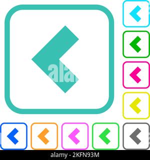 Left 90 degrees angle arrow solid vivid colored flat icons in curved borders on white background Stock Vector
