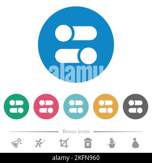 Horizontal toggle switches solid flat white icons on round color backgrounds. 6 bonus icons included. Stock Vector