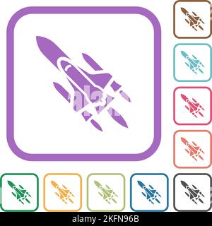 Space shuttle with launchers simple icons in color rounded square frames on white background Stock Vector