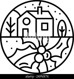 Christmas advent composition holly leaves and berries, house and trees. Hand drawn winter vector constructor logo in two half round frame. for Stock Vector