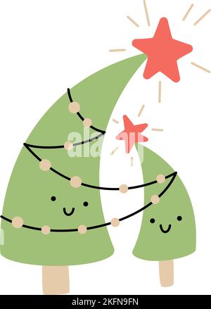 Two cute happy lover Christmas trees couple. Line hand drawn Merry xmas and Happy New Year colour isolated illustration for the celebration of winter Stock Vector