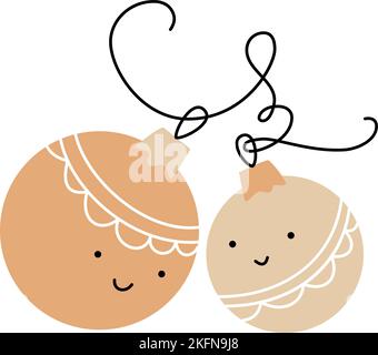 Line hand drawn two cute happy lover balls toy couple for tree. Merry xmas and Happy New Year contour isolated illustration for the celebration of Stock Vector