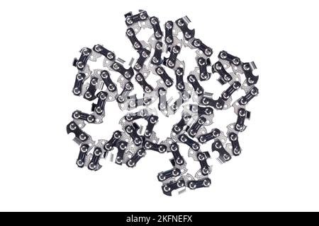 Chainsaw chain isolated on white background. Metal chain link for chainsaw texture. New chain spare part for chainsaw isolated. Stock Photo