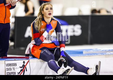 HERENVEEN - Netherlands, 19/11/2022, HERENVEEN - Jutta Leerdam (NED) reacts after the 1500 meters during the second ISU long track world cup tournament in Thialf. ANP VINCENT JANNINK Stock Photo