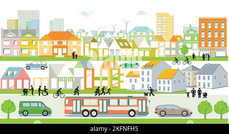 Houses with cars in the city, panoramic illustration Stock Vector