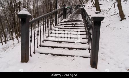 Iron snow-covered stairs leading to the park in winter Stock Photo