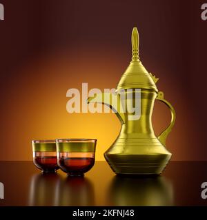 Middle Eastern Arabic Coffee Dallah Pot with Cups A symbol of Arabian Hospitality 3D Illustration Render Stock Photo