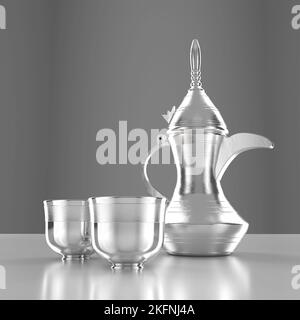 Middle Eastern Arabic Coffee Silver Dallah Pot with Cups A symbol of Arabian Hospitality 3D Illustration Render Stock Photo