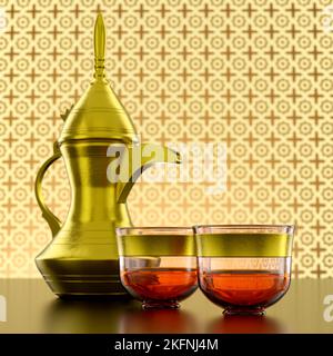 Middle Eastern Arabic Coffee Golden Dallah Pot with Cups A symbol of Arabian Hospitality 3D Illustration Render Stock Photo