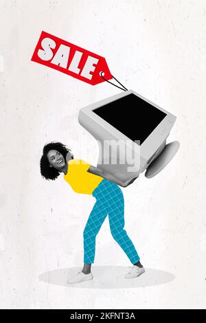 Vertical collage image of excited positive girl black white effect hands hold huge retro monitor sale isolated on creative background Stock Photo