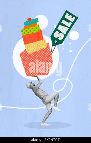 Vertical creative collage photo of funny satisfied positive guy hold many shopping boxes balancing isolated on blue color background Stock Photo